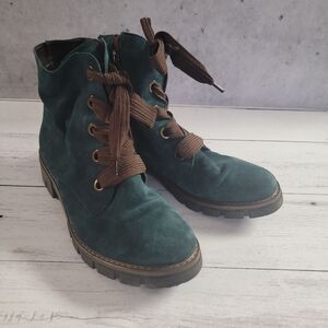 Ara, Teal (Peacock) Suede Tie Bootie, Size 81/2